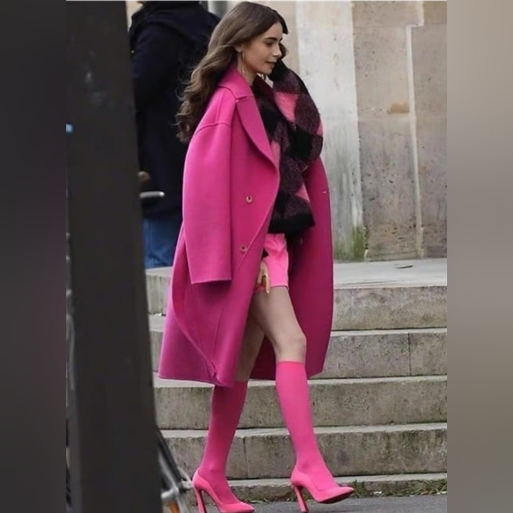 Emily in Paris Lily Collins Pink Wool Coat